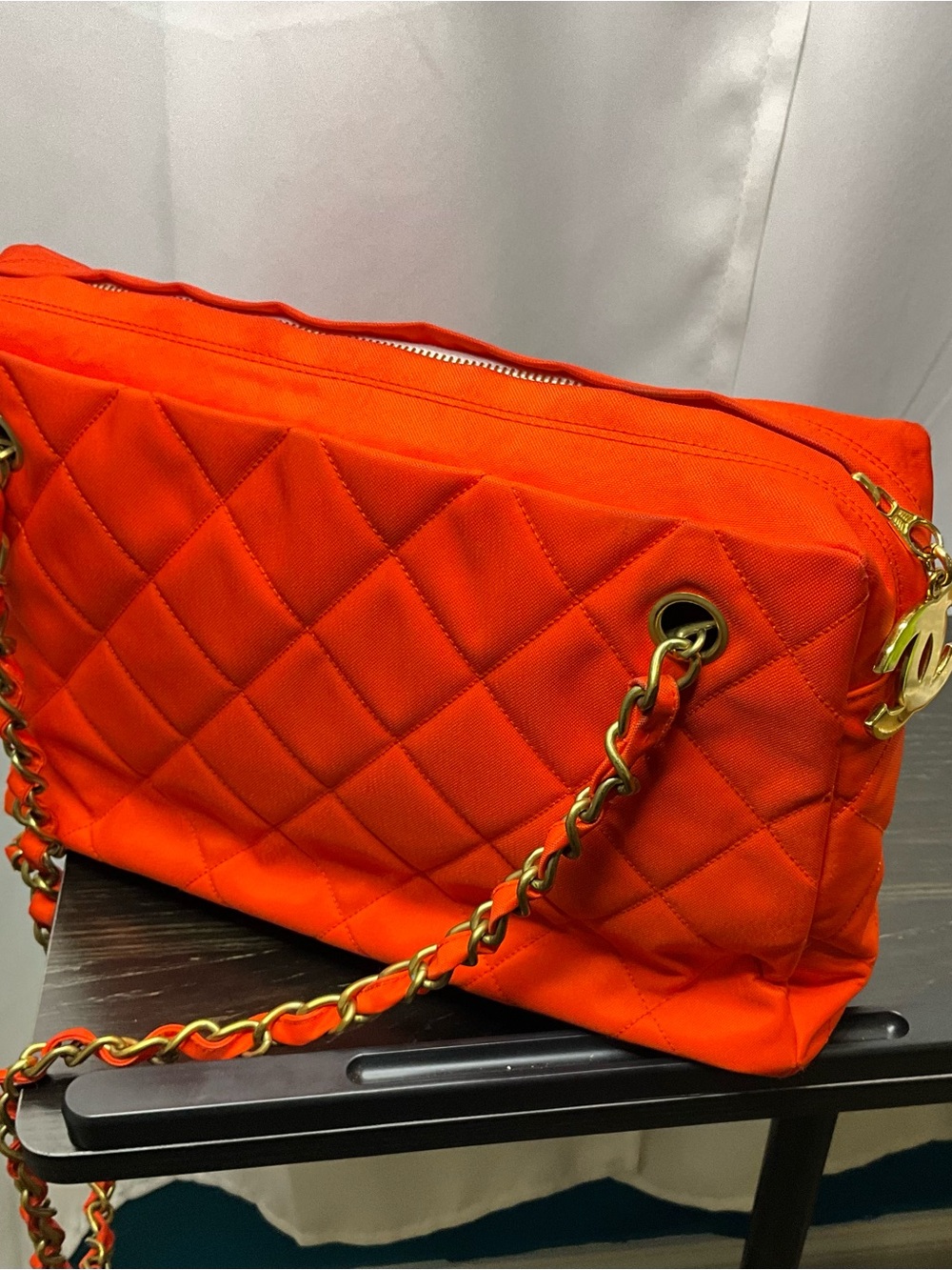 CHANEL Nylon Quilted Chain Shoulder Bag in Vivid Orange with Gold Hardware - Picture 2 of 5